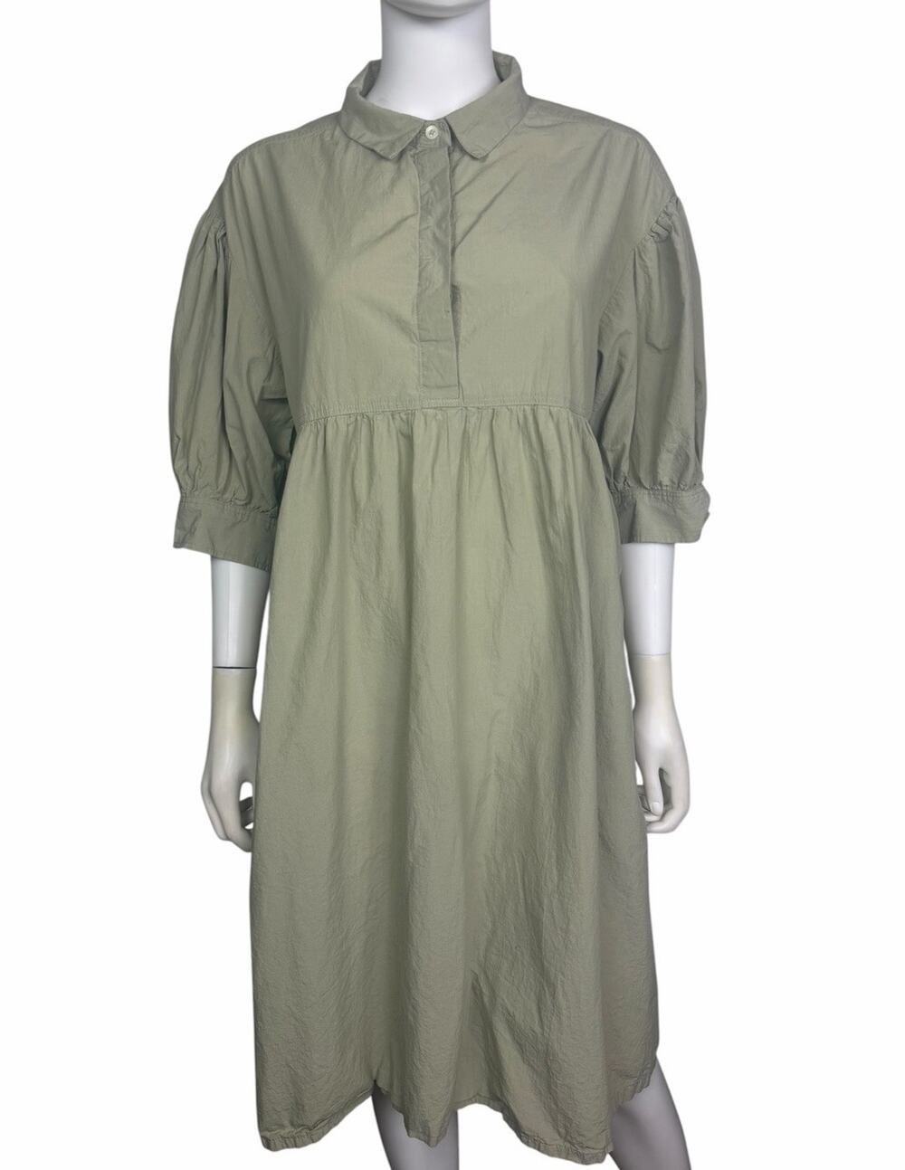 Ichi Antiquites Women's O/S Green Azumadaki Midi Cotton Artsy Shirt Dress EUC